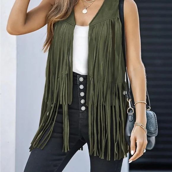 Olive Green Fringe Vest cardigan boho tassel - Picture 2 of 5